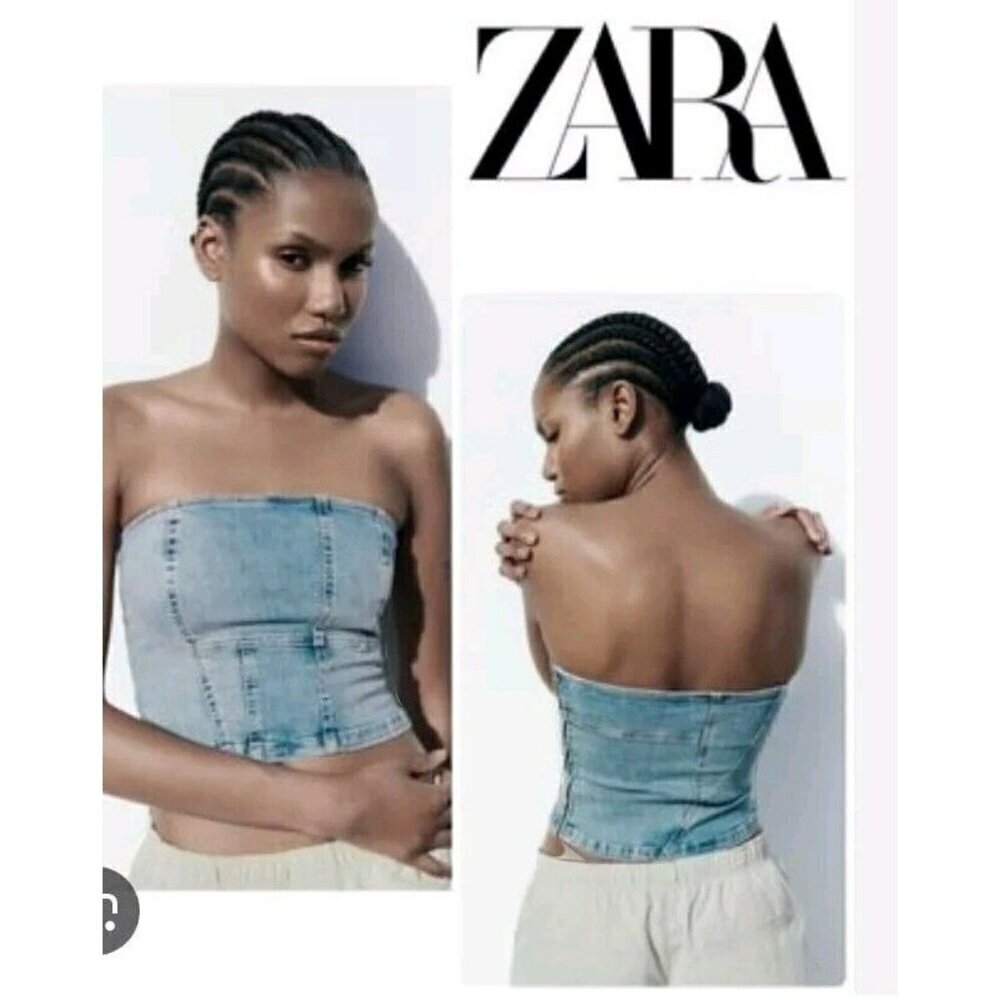 ZARA WOMAN SS23 TRF BLUE DENIM TOP CORSET STRIPED SIZE M 7227 070